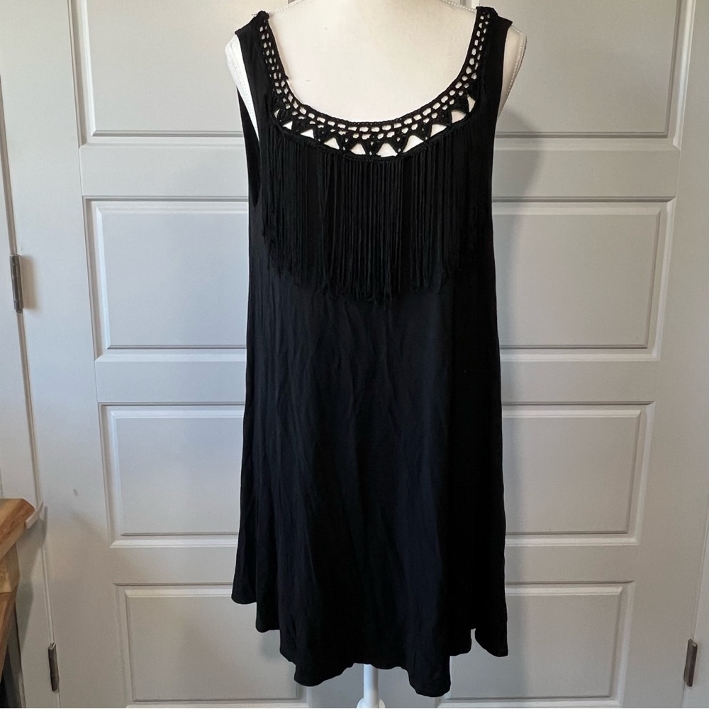 Black Fringe Dress Crochet Neckline Sleeveless‎ Summer Beach Coverup Dress Large